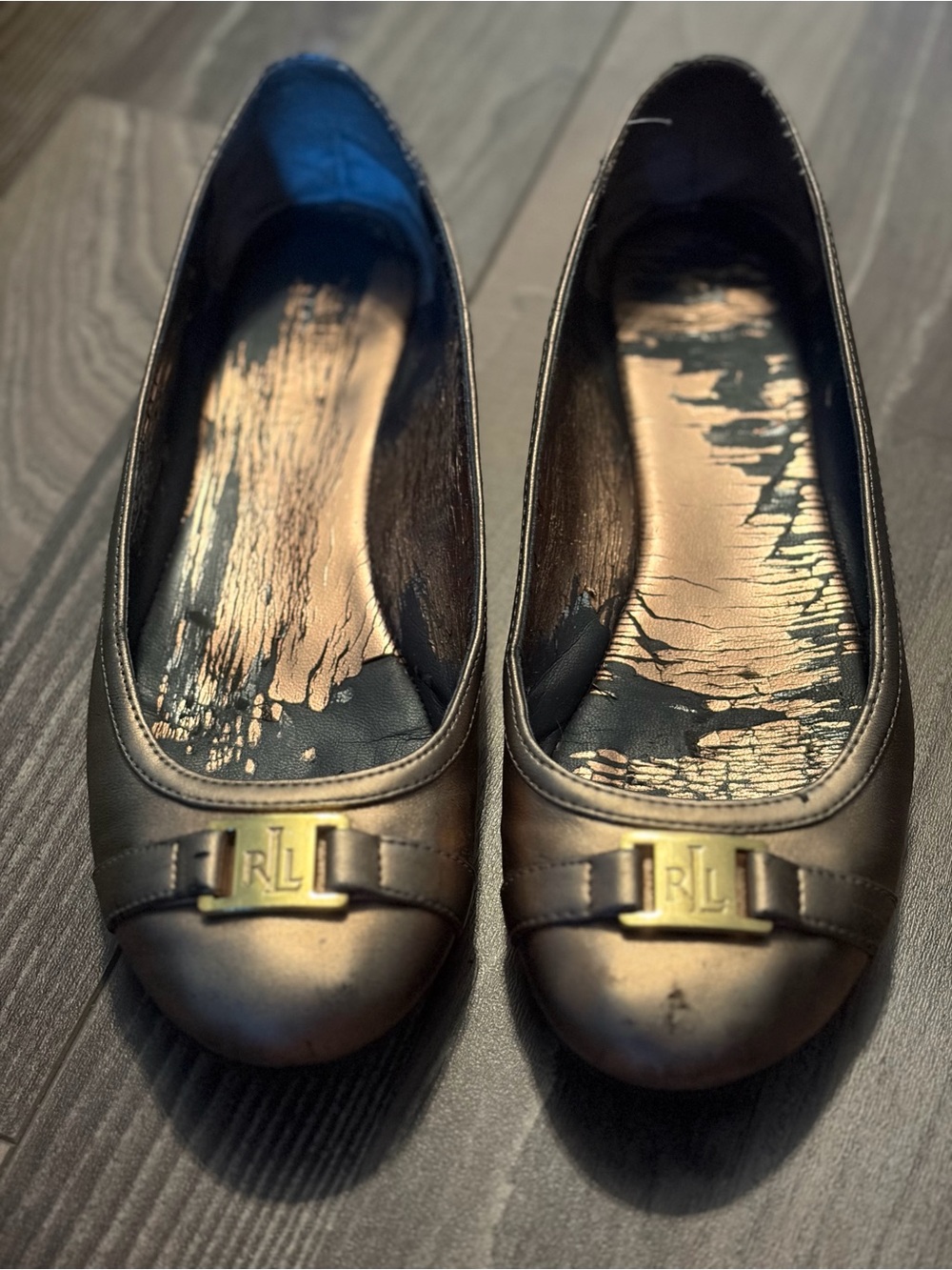 Ralph Lauren Bronze Metallic Leather Ballet Flats with RL Logo